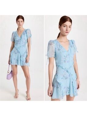 LoveShackFancy Blue Floral Mini Dress Ruffle Hem Size 12